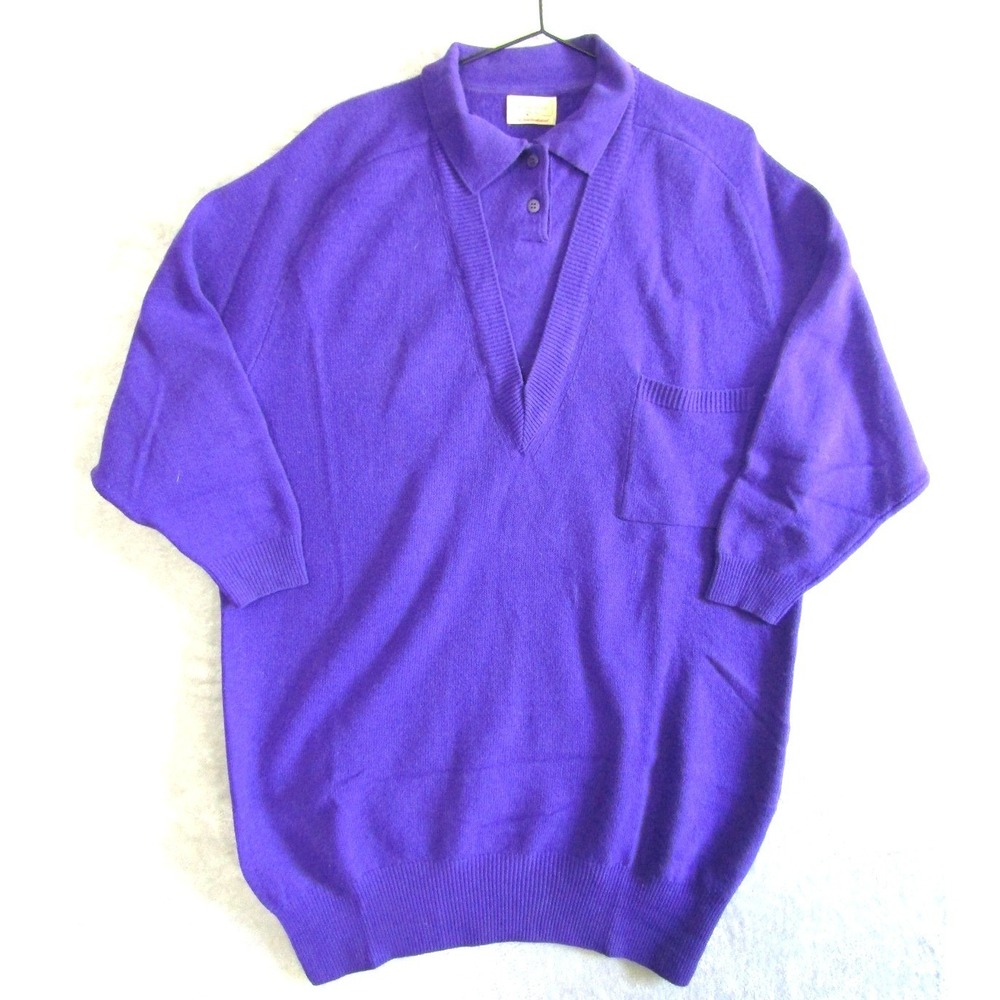 Benetton Purple 100% Pure Lambswool Polo Sweater V-Neck Pocket Made in Italy